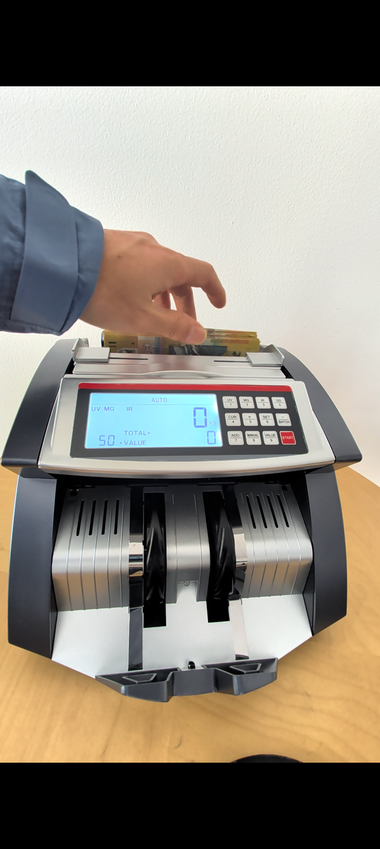 AU-100 money counter demo of counting Australian Dollar Banknotes