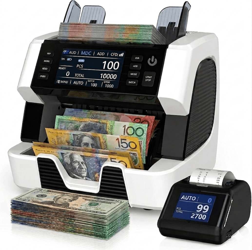 AU-800a money counter with printer counts mixed denomination Australian dollar banknotes