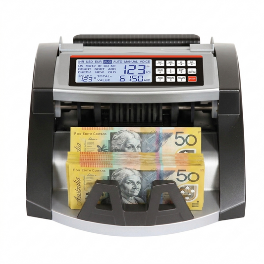 A modern automatic cash counter machine in dark gray and silver, shown counting two stacks of Australian 50 dollar banknotes under a digital display screen.