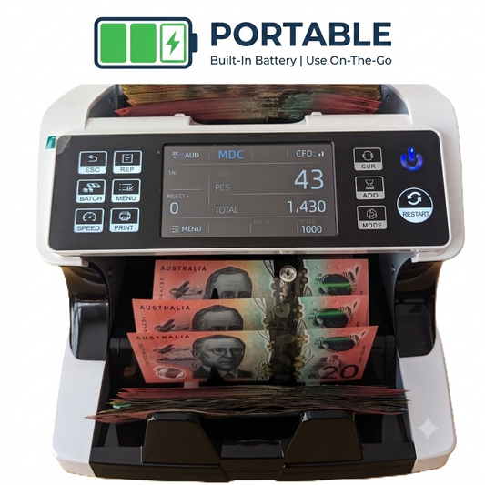 A portable handheld money counter machine shown on a white background with a 'PORTABLE Built-In Battery | Use On-The-Go' graphic at the top. The machine has a black and white body, a digital display screen, and is shown counting Australian twenty-dollar banknotes in its input tray.