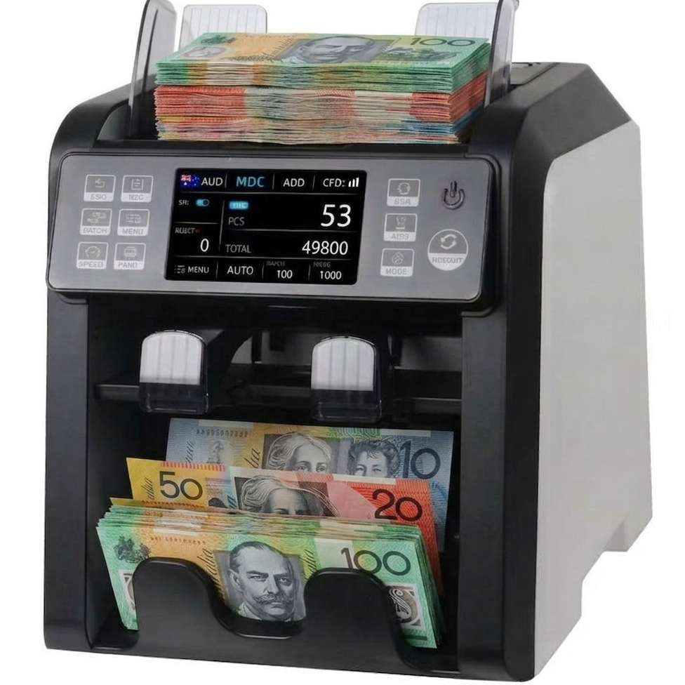 A black and gray automatic Australian dollar money counter and printer, shown with stacks of Australian currency in the input slots and output tray against a white background.