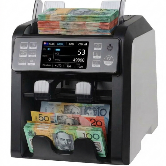 A black and gray automatic Australian dollar money counter and printer, shown with stacks of Australian currency in the input slots and output tray against a white background.