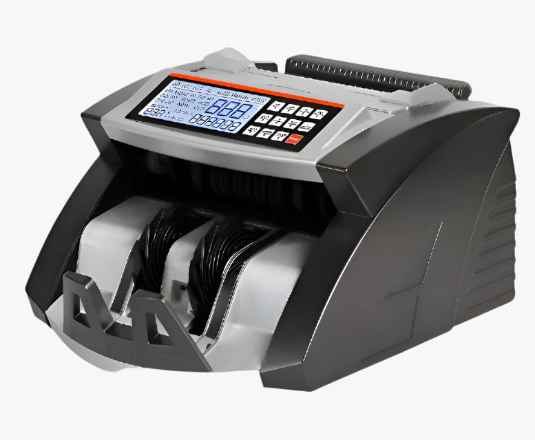 Money counting machine with digital display on a white background