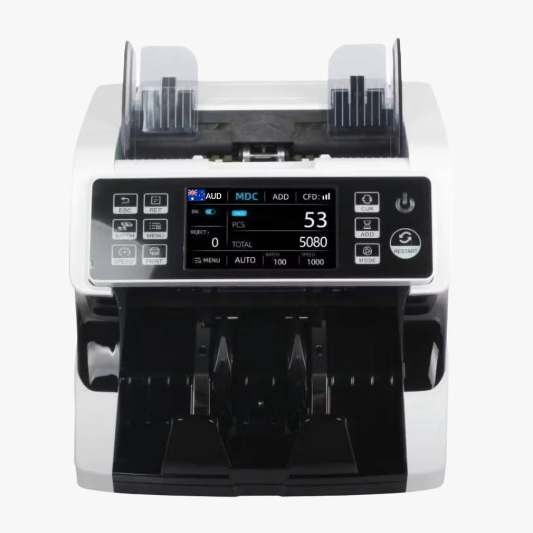 Money counting machine with digital display on a white background