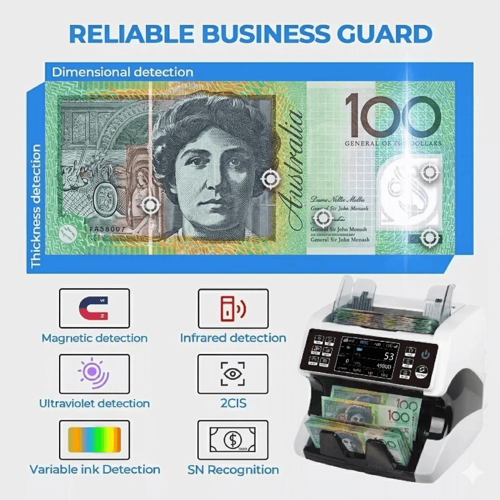 Currency detector with Australian Dollar notes and detection features displayed.