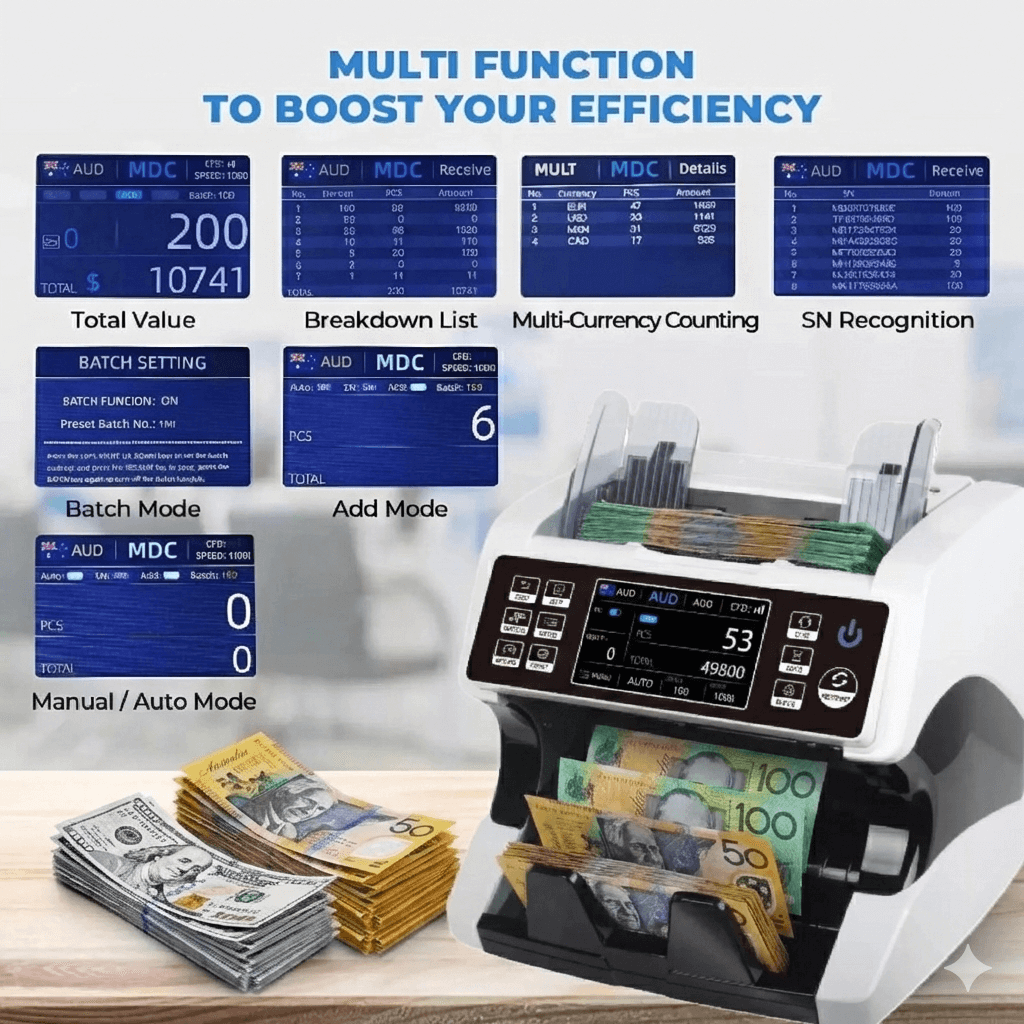 Money counting machine with digital display and currency counting features