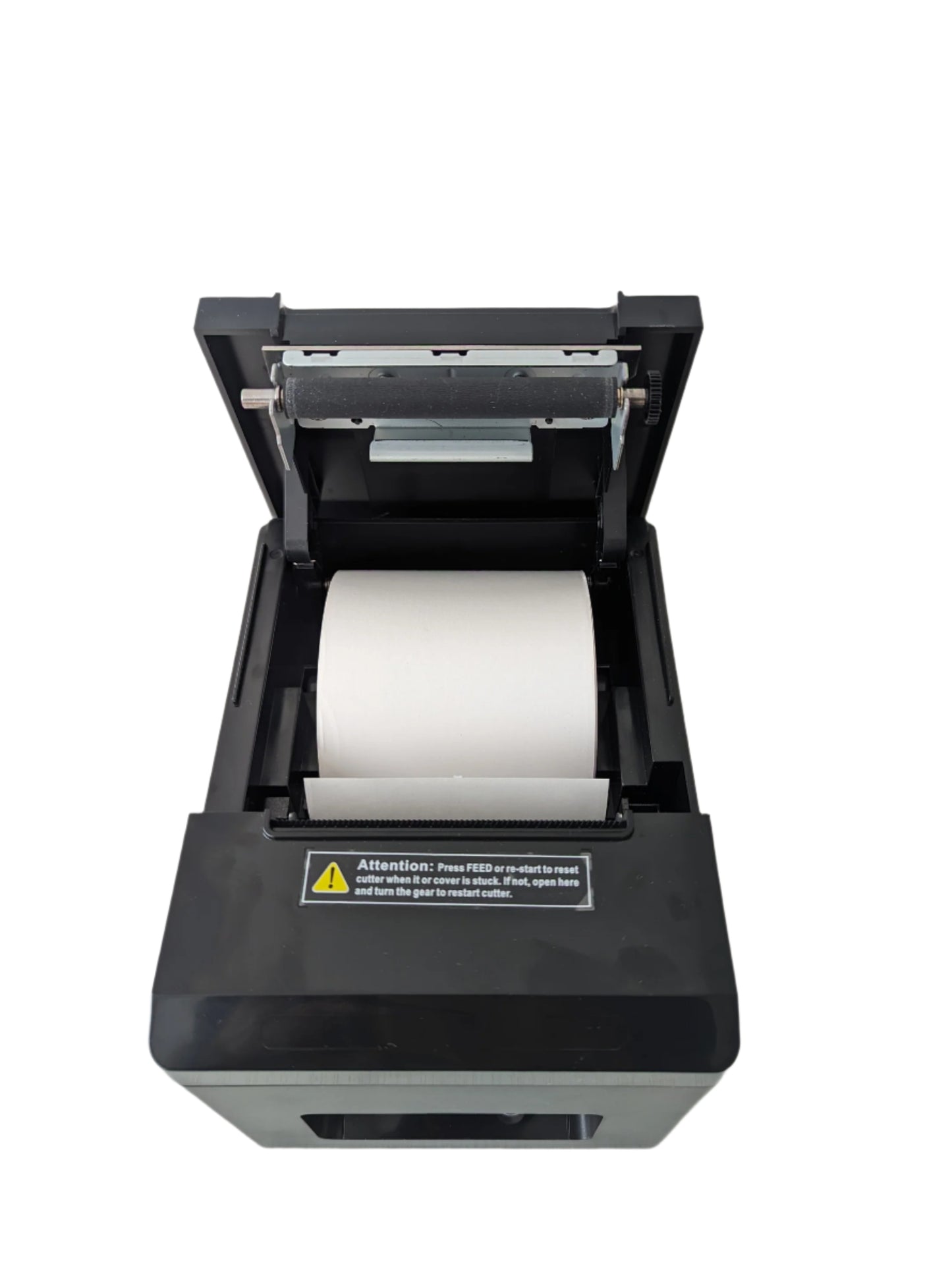 Black thermal receipt printer with receipt installed