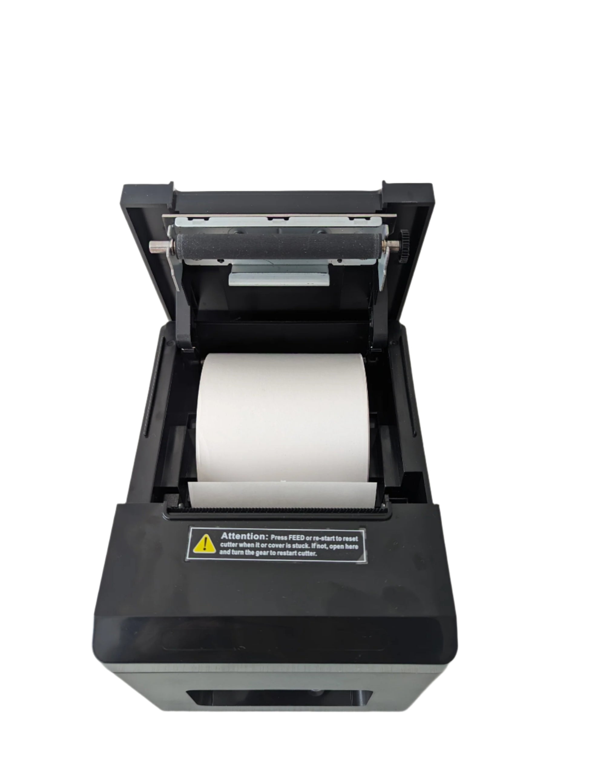 Black thermal receipt printer with receipt installed